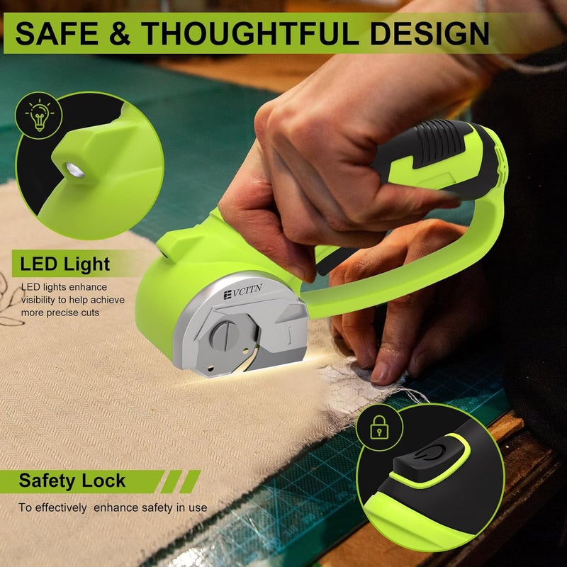 Evcitn Cordless Electric Scissors,4V Rechargeable Electric Box Cutter for Cardboard, Heavy Duty Cardboard Cutter for Fabric,Rotary Cutter with LED Light for Crafts Leather, Plastic or Carpet,Green - Image 3